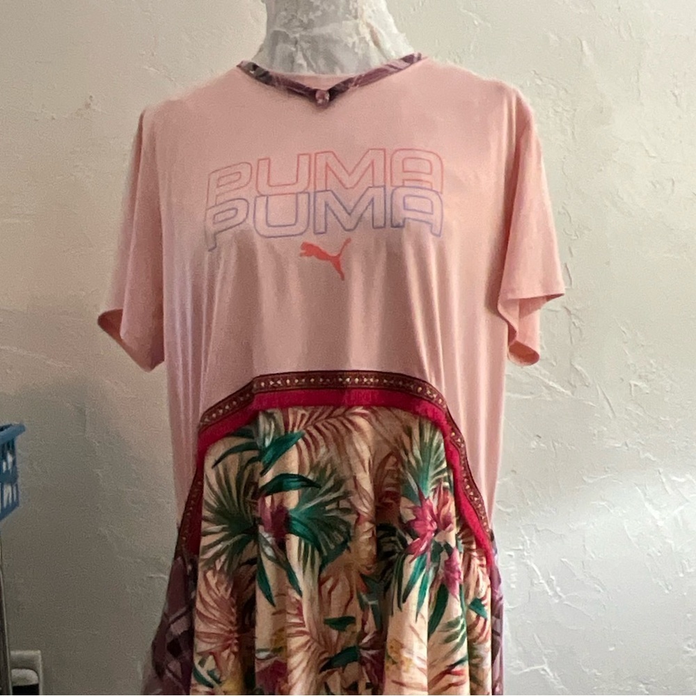 Upcycled Tunic Top Pink Plaid Knit Bottom Boho Mixed Media XL - Picture 4 of 12